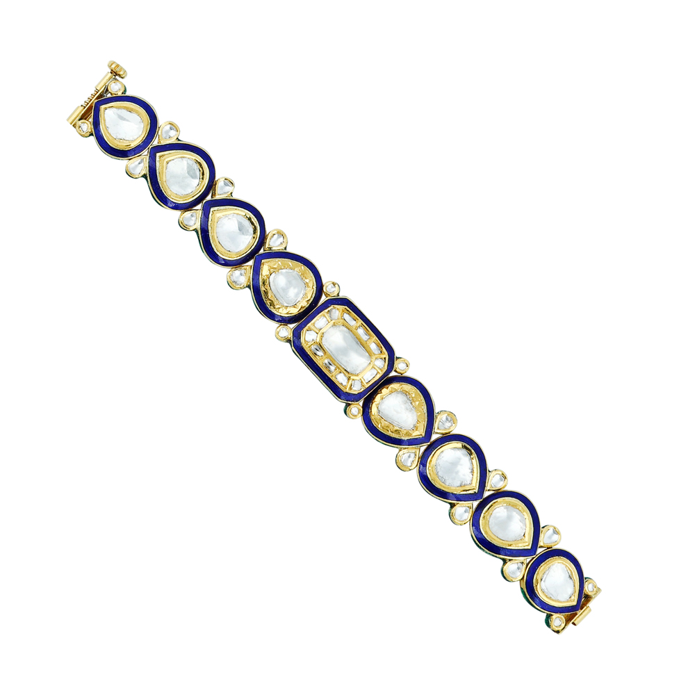 Polki Bracelet with Blue Enamel and Pear-Rectangle Motifs